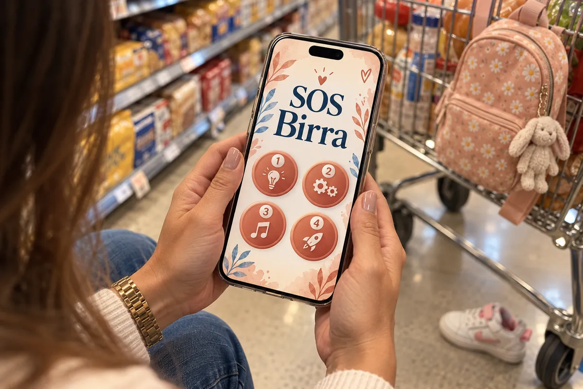Mãe no supermercado consultando o Guia SOS Birra no celular, com os 4 passos na tela
